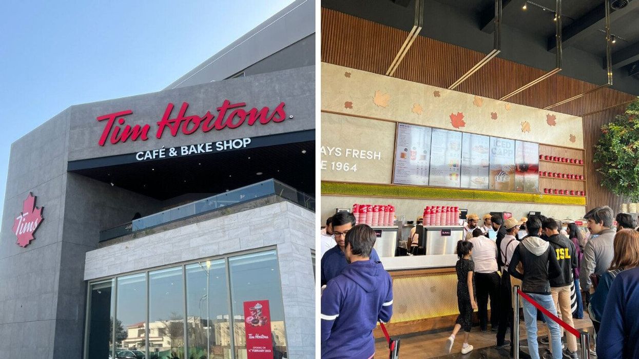 Outside of Tim Hortons Pakistan. Right: The inside of Tim Hortons Pakistan.