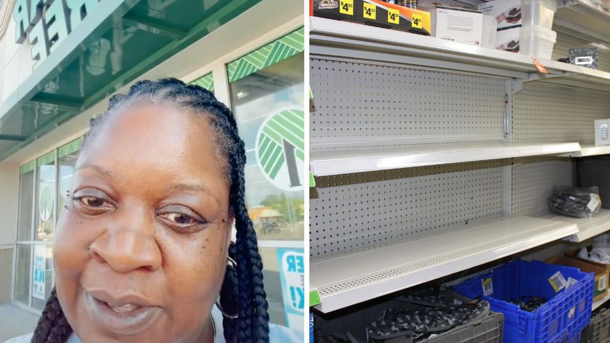 Outside the allegedly abandoned Dollar Tree. Right: Empty shelves inside a Dollar Tree.