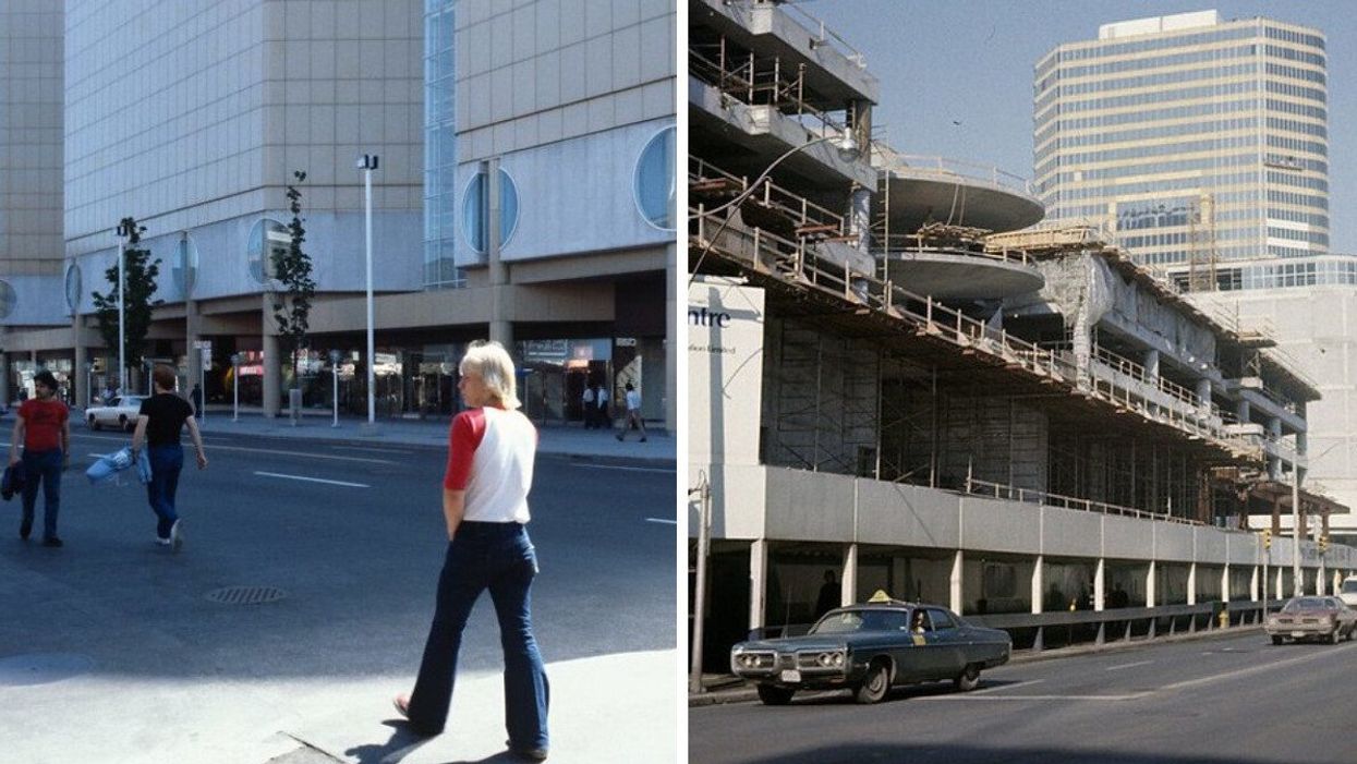 Outside the Eaton Centre in 1979. Right: Construction on the centre .