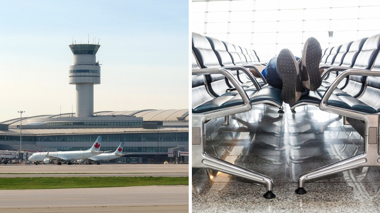 Outside Toronto Pearson Airport. Right: Someone sleeping at an airport.
