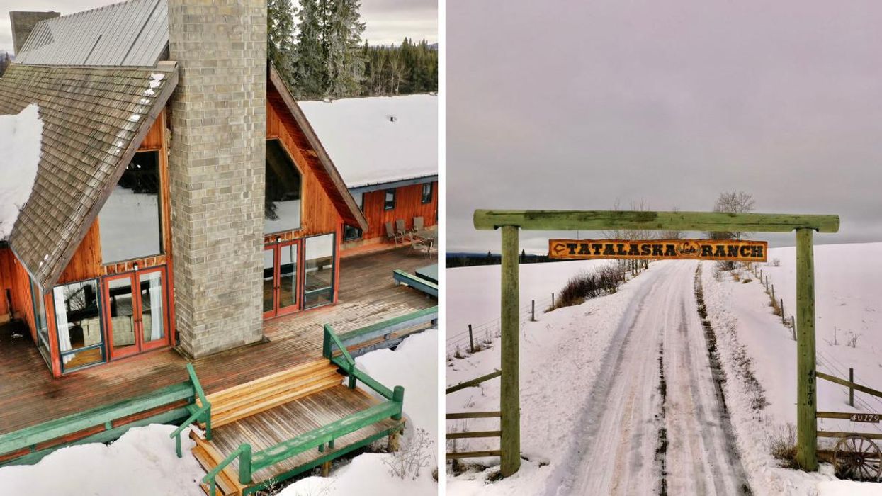Outside view of main home and patio. Right: Tatalaska Lake Ranch sign.