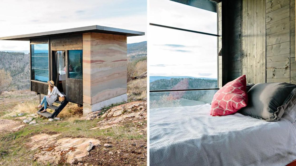Outside view of the Airbnb cabin in B.C. Right: Inside view of the Airbnb cabin and bed.