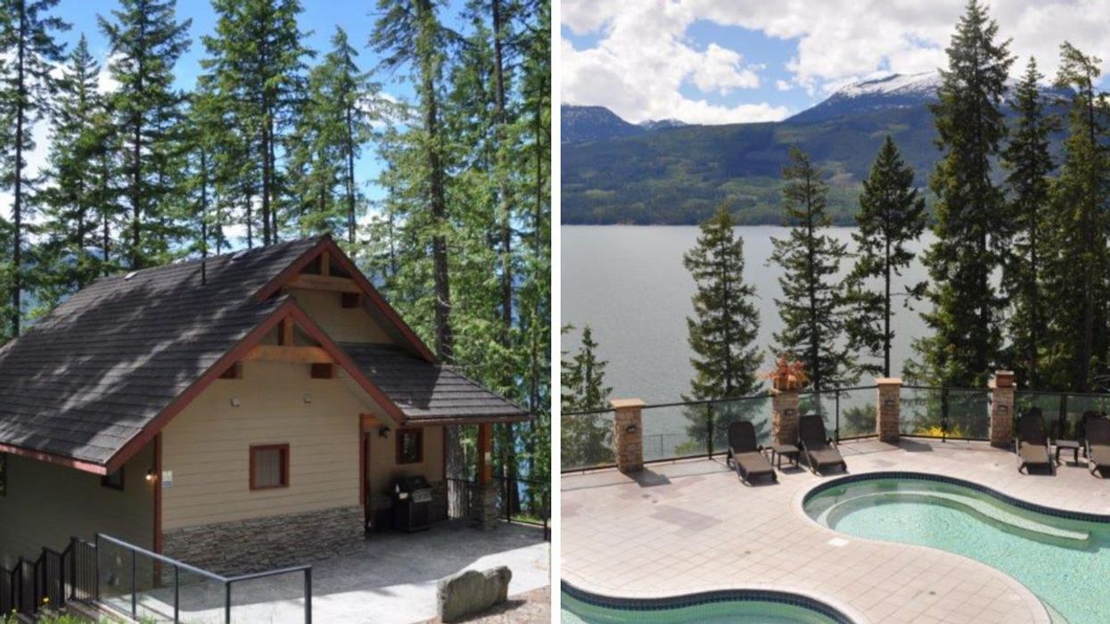 Outside view of the condo. Right: Mineral pools and lake views from the resort.