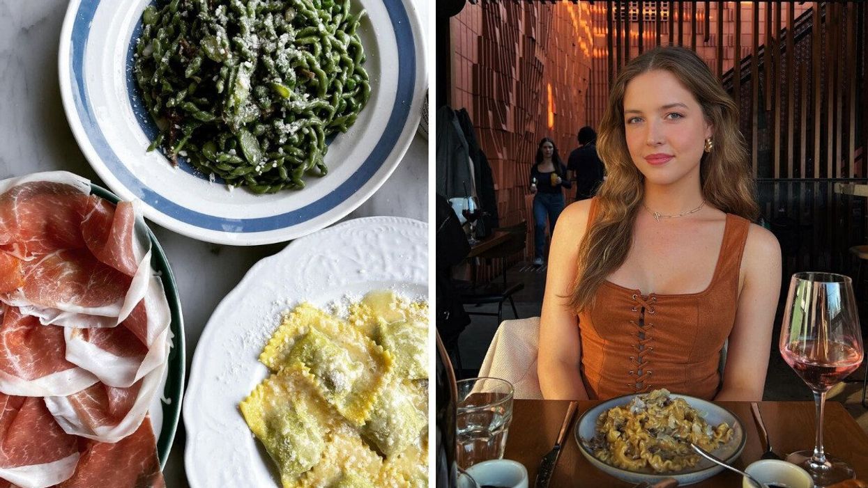 Overhead view of a two pasta dishes. Right: Someone at a restaurant with a plate of pasta.