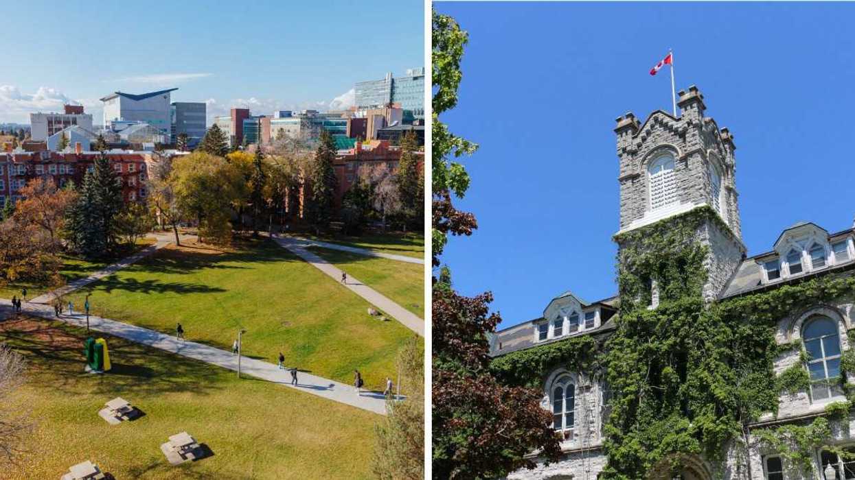 overhead view of students on walking paths on university of alberta campus. right: queen's university building covered in ivy with canadian flag