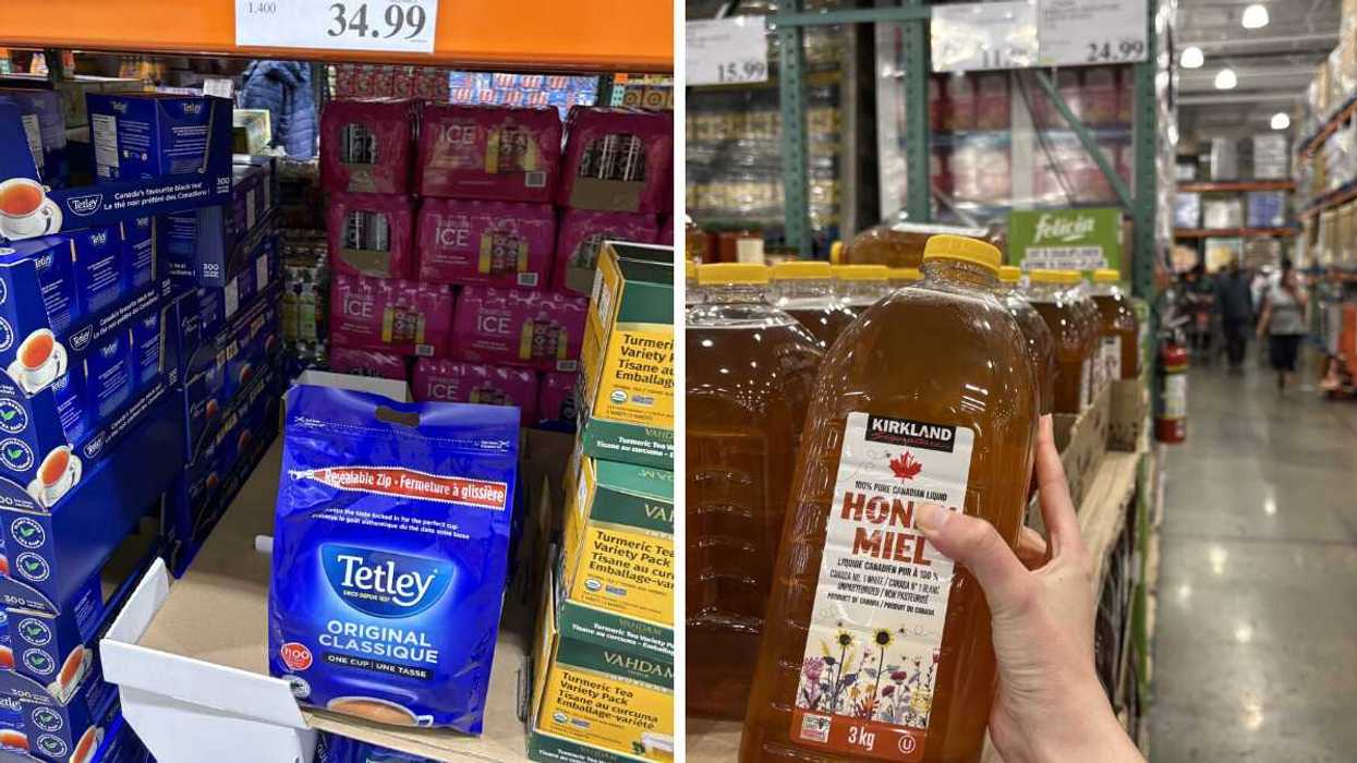 oversized bag of tetley orange pekoe tea at costco. right: person holding bulk sized bottle of kirkland signature liquid honey at costco