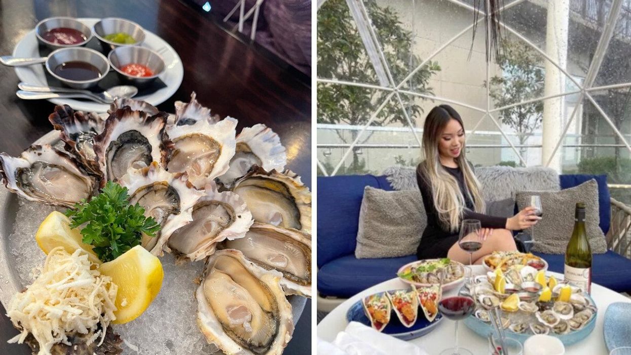 Oysters at a Vancouver restaurant. Right: Person eating at a restaurant in Vancouver.