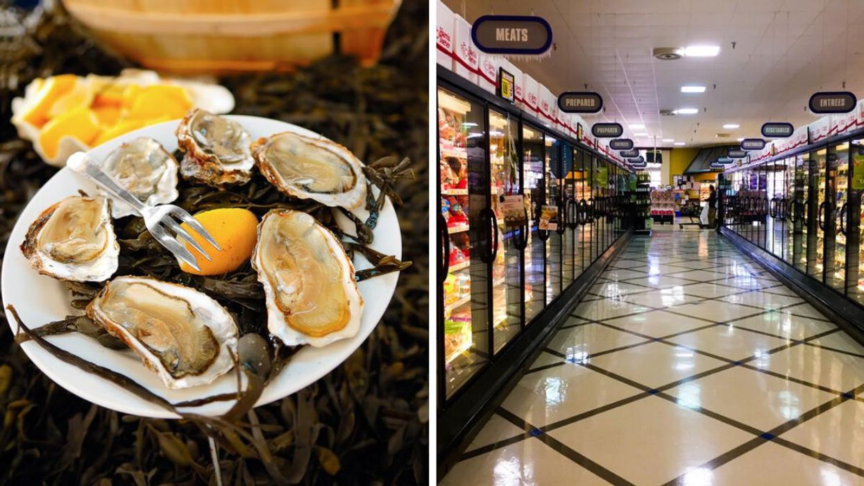 Oysters on a plate. Right: Grocery store aisle.