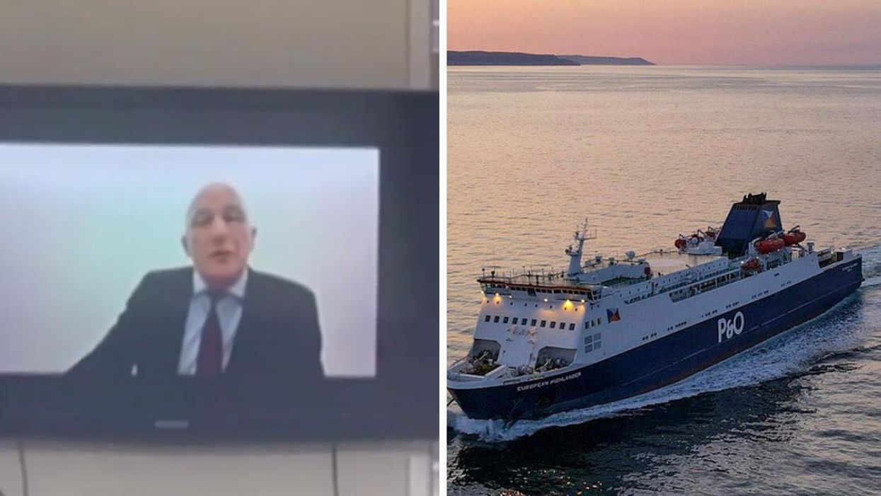 P&O Executive on video call. Right: A P&O Ferry.
