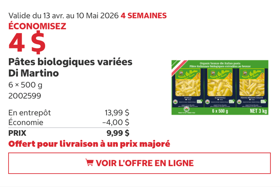 P\u00e2tes biologiques vari\u00e9es Di Martino au Costco.