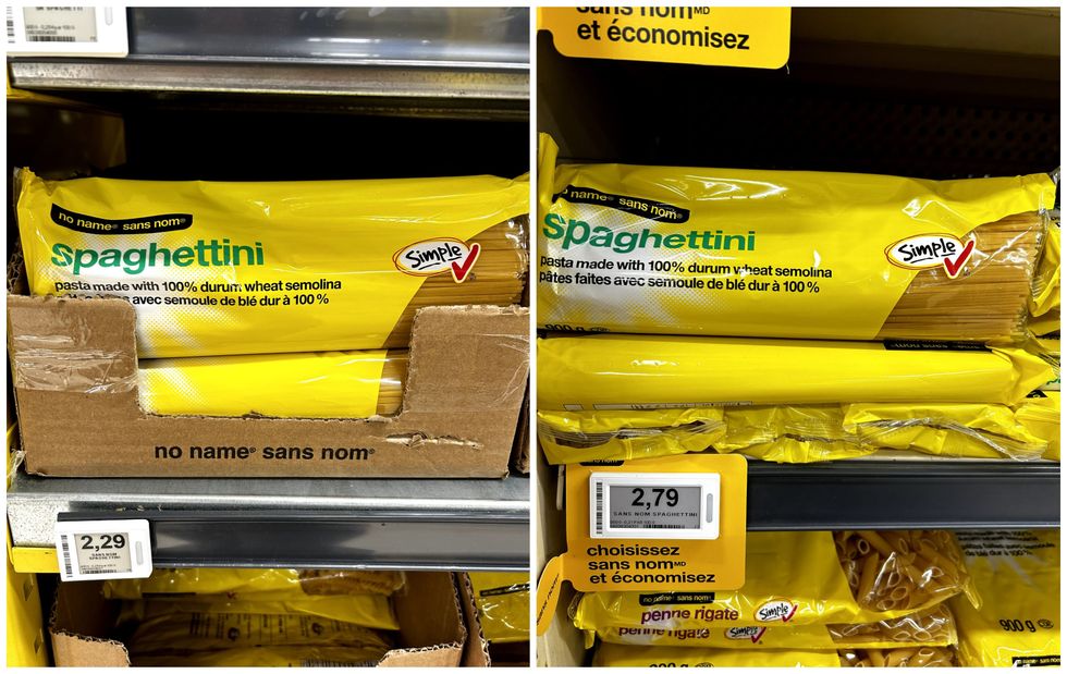 P\u00e2tes spaghettini Sans nom en vente chez Maxi. Droite : P\u00e2tes spaghettini Sans nom en vente chez Provigo.