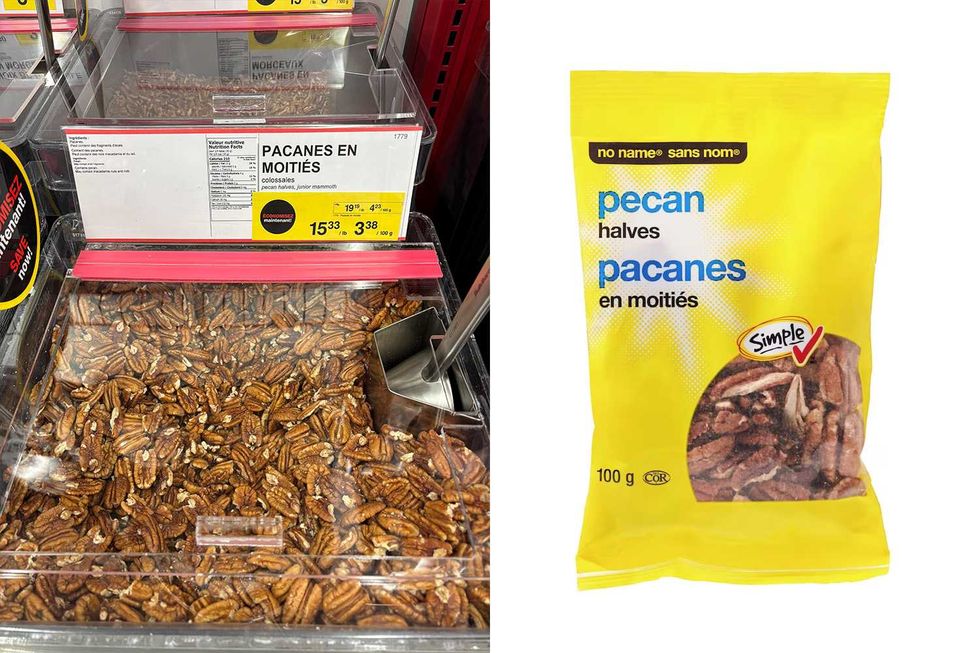 Pacanes en moiti\u00e9s vendues en vrac chez Bulk Barn. Droite : Pacanes en moiti\u00e9s vendues chez Maxi.