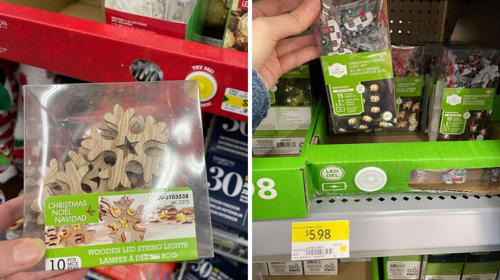 pack of led string lights in the shape of snowflakes at dollarama. right: packs of led string lights that are christmas-themed at walmart