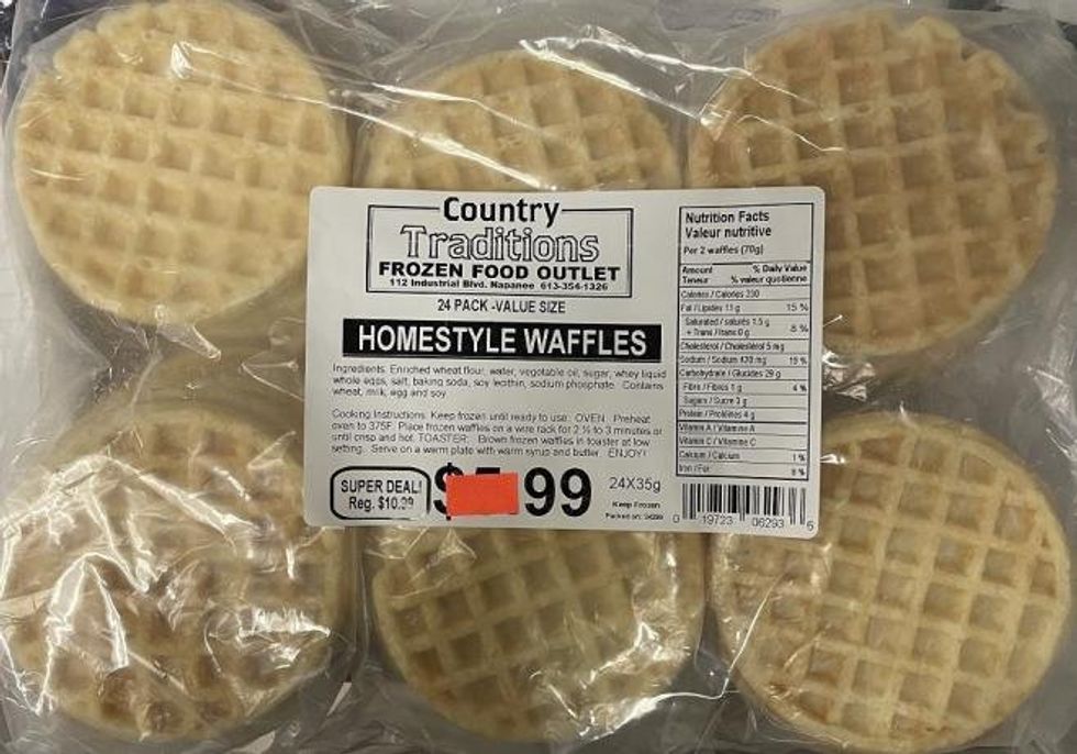 Package of frozen waffles from Country Traditions Frozen Food Outlet.