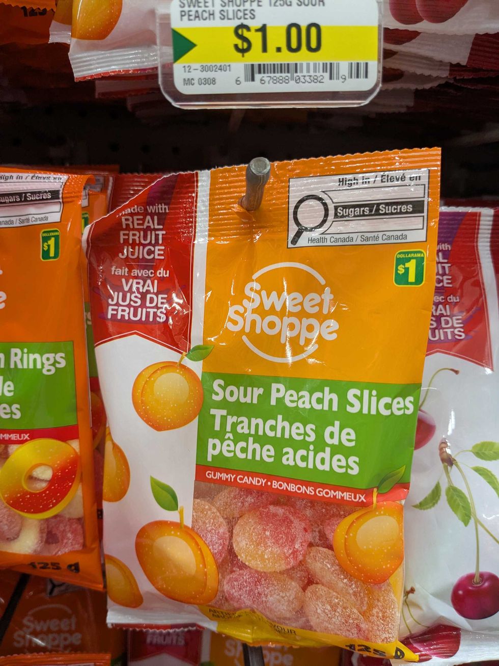 Package of fuzzy peach knock-offs on a shelf