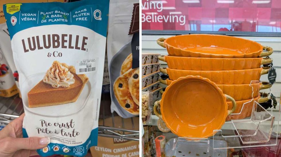Package of pie crust mix. Right: Orange pans on the shelf at HomeSense.