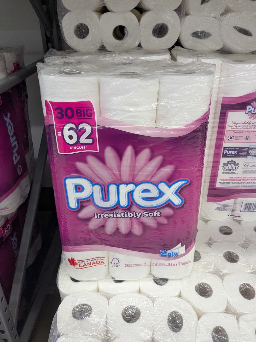 Package of Purex toilet paper on a shelf
