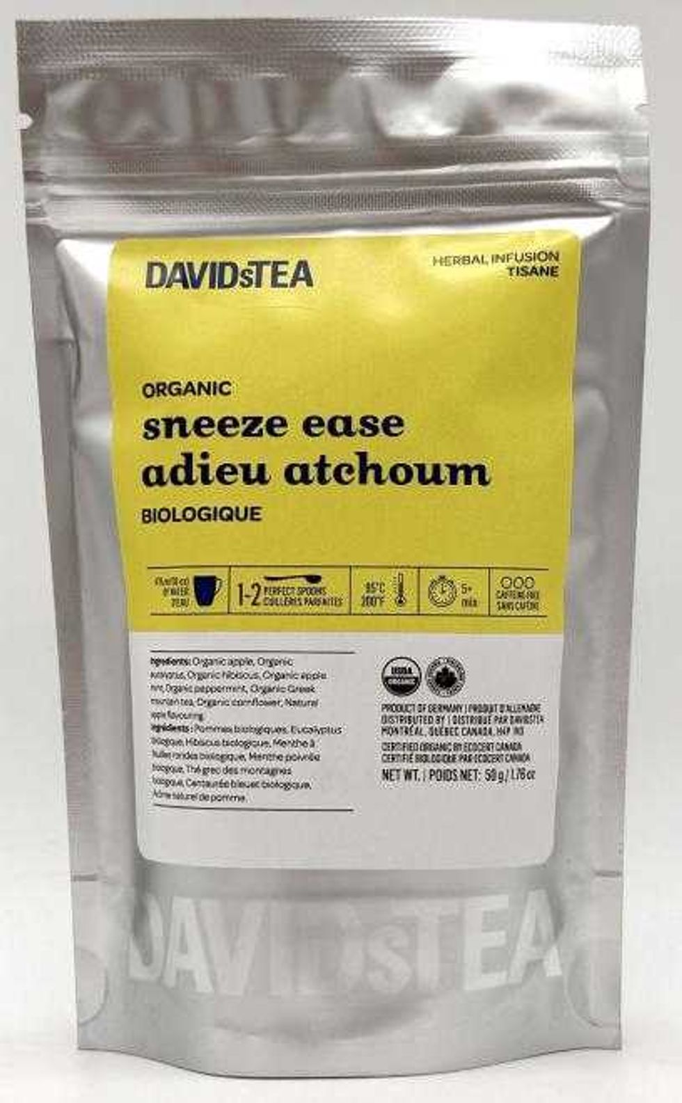 package of recalled DAVIDsTEA Organic Sneeze Ease herbal tea