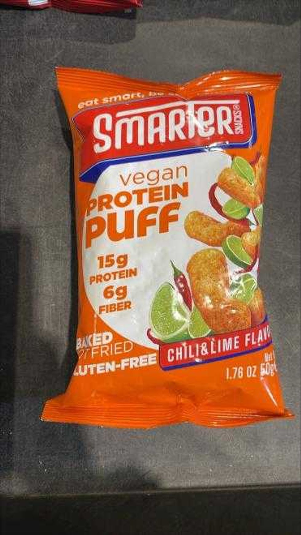 package of Recalled \u200bSmarter Snacks Chili & Lime vegan protein puffs