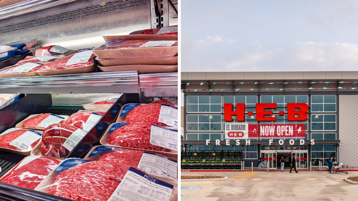 Packaged raw meat at a grocery store. Right: The exterior of an H-E-B grocery store.