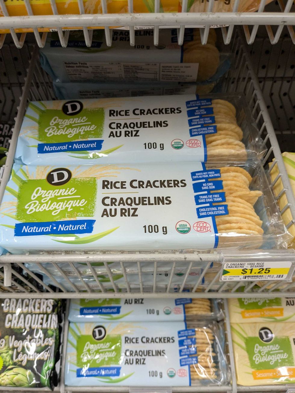 Packages of organic crackers on the shelf at Dollarama