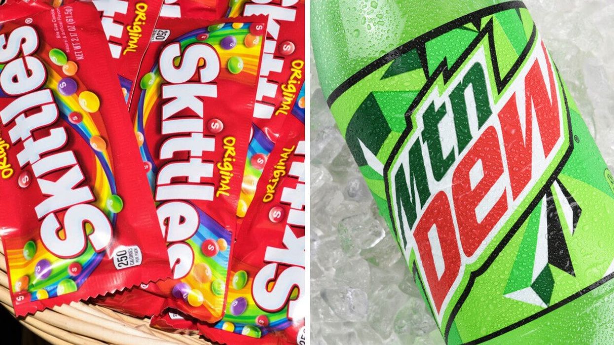 Packages of Skittles candy. Right: A Mountain Dew bottle on ice.