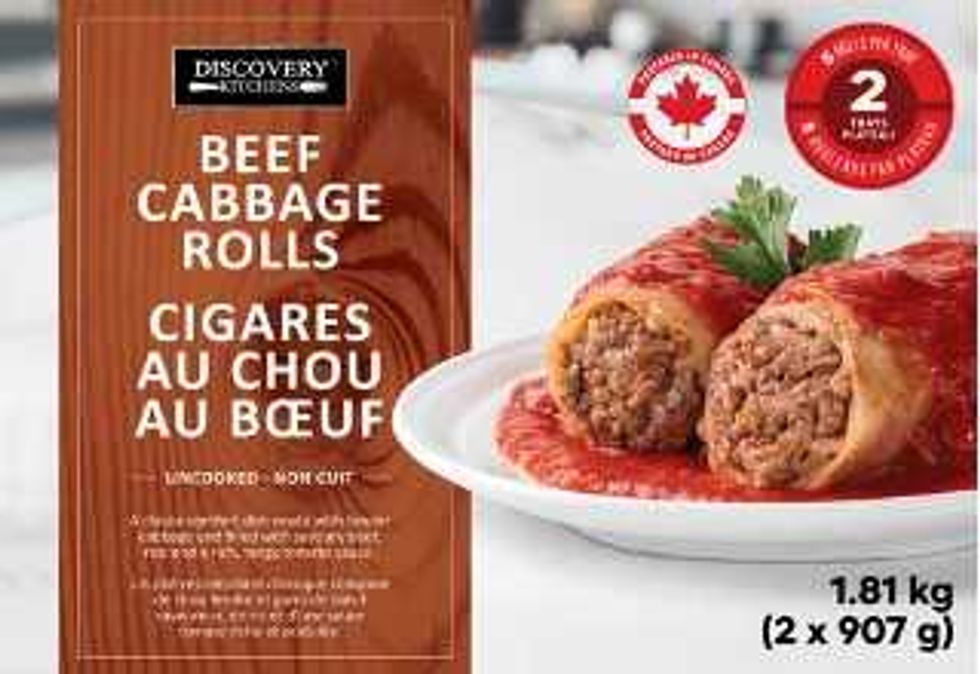 packaging for recalled Discovery Kitchens Beef Cabbage Rolls sold at costco