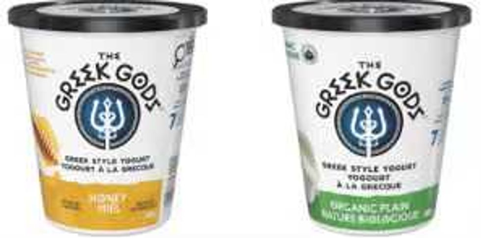 packaging of the recalled The Greek Gods Honey Yogurt and The Greek Gods Organic Yogurt Plain