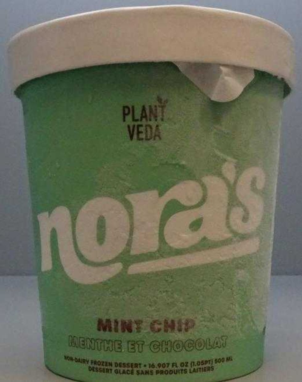 packaging of \u200bRecalled Nora's brand mint chip non-dairy frozen dessert