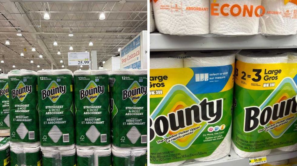 packs of bounty paper towels at costco. right: packs of bounty paper towels at dollarama
