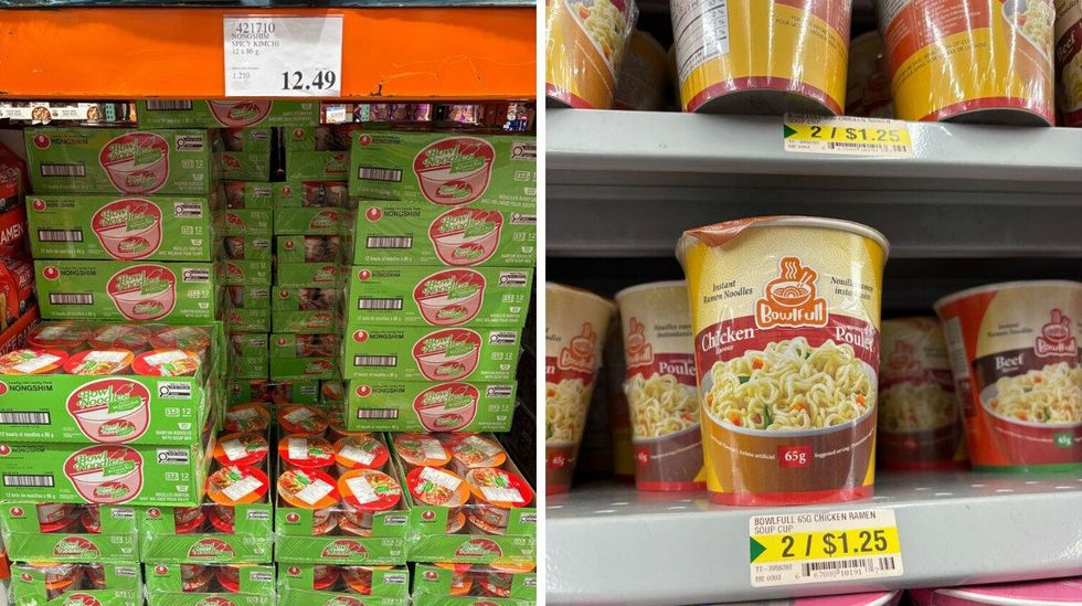 packs of bowl noodles instant noodles at costco. right: bowlfull instant noodle cups at dollarama