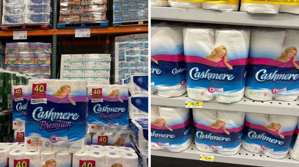 packs of cashmere toilet paper at costco. right: packs of cashmere toilet paper on shelves at dollarama