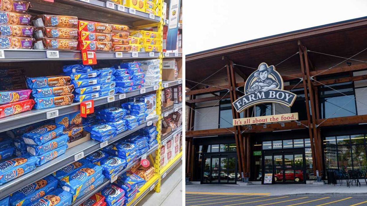 packs of cookies on shelves in a no frills store in ontario. right: exterior of farm boy grocery store
