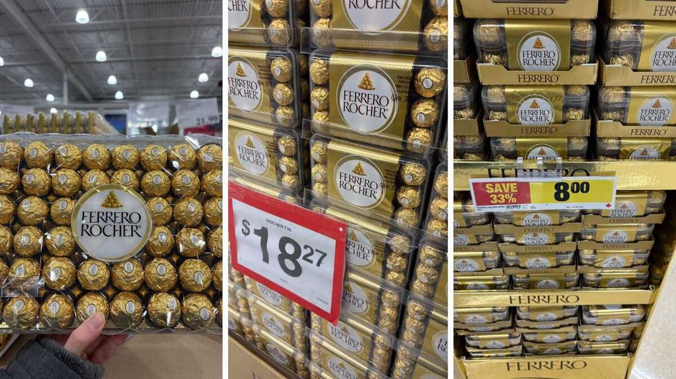 packs of Ferrero Rocher chocolates at Costco. Centre: packs Ferrero Rocher chocolates at Walmart. Right: packs of Ferrero Rocher chocolates at Loblaws.