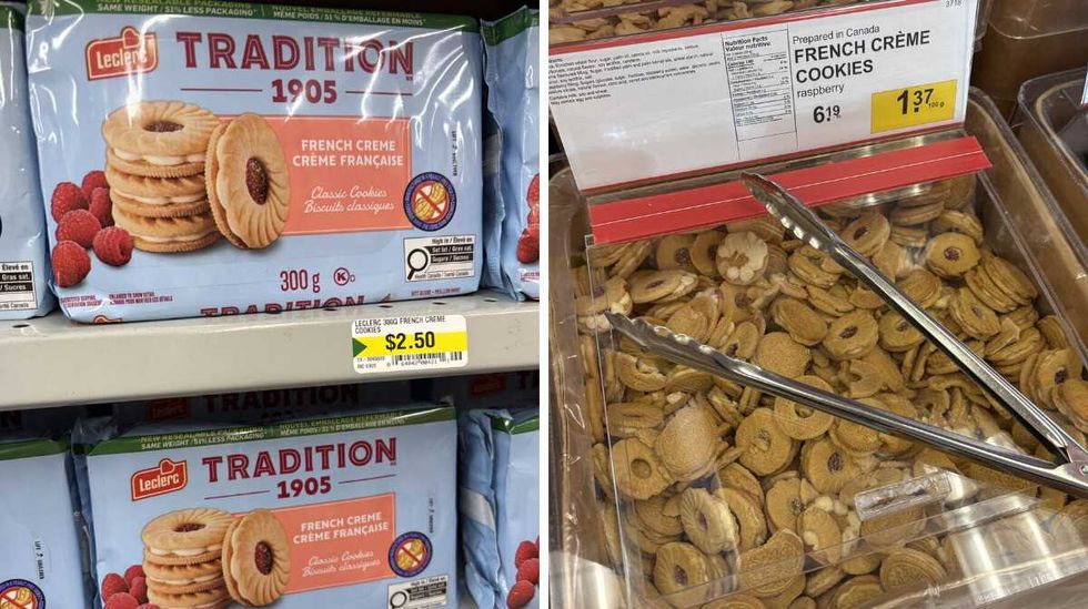 packs of French creme cookies at Dollarama. Right: bin of French creme cookies at Bulk Barn