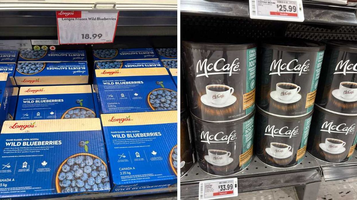 packs of frozen blueberries at a longo's store. right: canisters of mccafe ground coffee at metro store in ontario