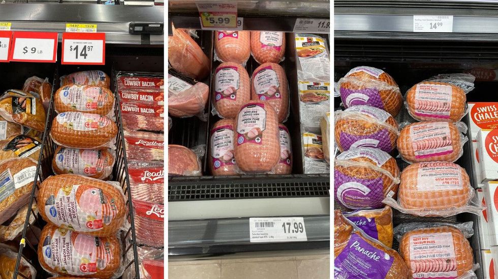 packs of hams at walmart. centre: hams at metro. right: packages of hams at sobeys.