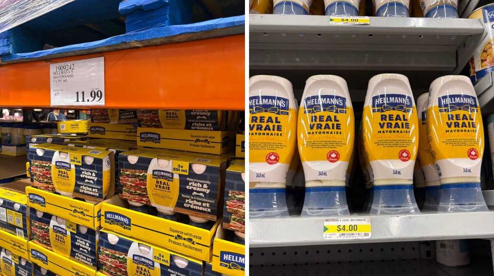 packs of Hellmann's mayonnaise at Costco. Right: bottles of Hellmann's mayonnaise at Dollarama