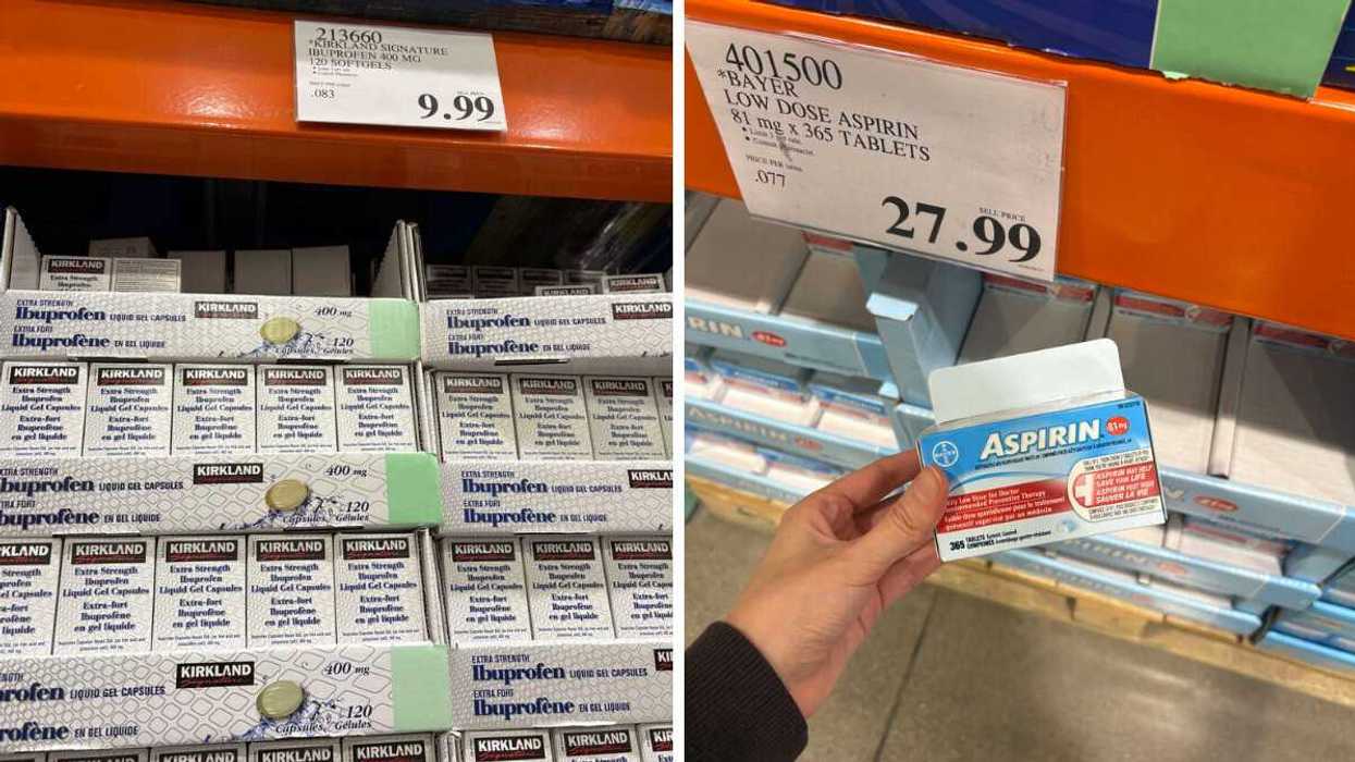 packs of kirkland signature ibuprofen at costco. right: person holding pack of aspirin at costco