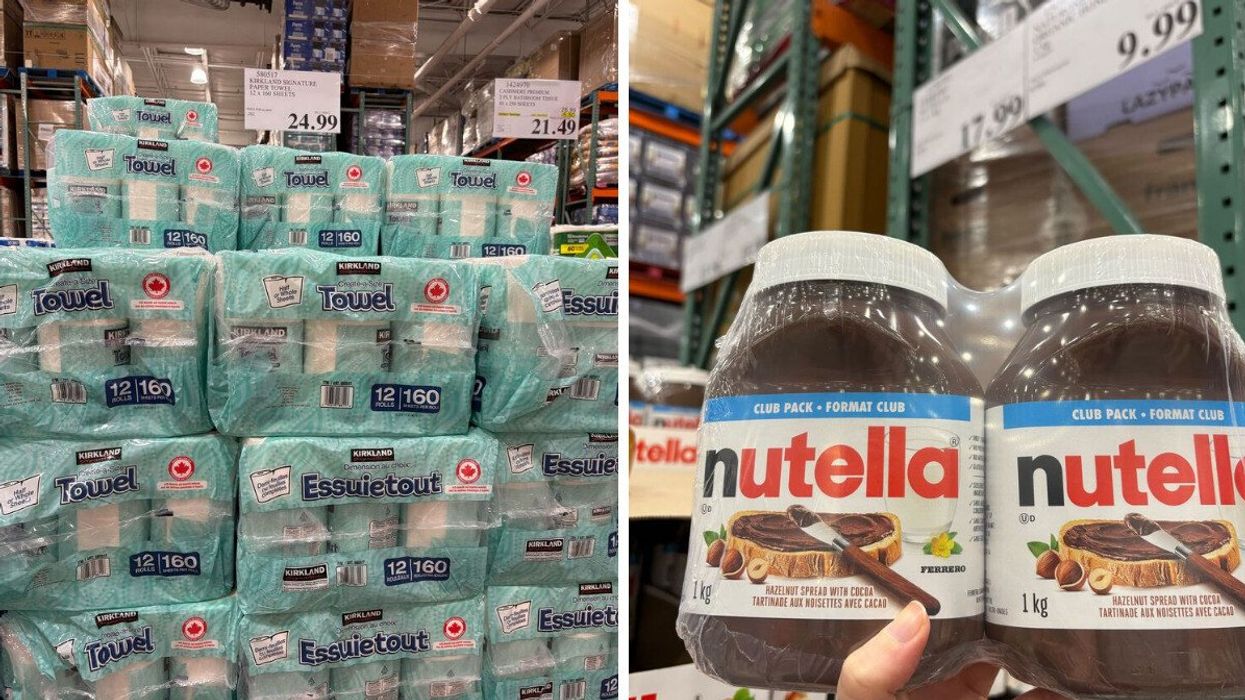 packs of kirkland signature paper towels at costco. right: person holding nutella jars at costco