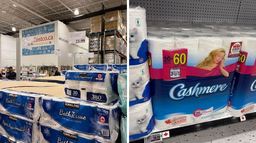 packs of kirkland signature toilet paper at costco. right: packs of cashmere toilet paper on shelves at metro