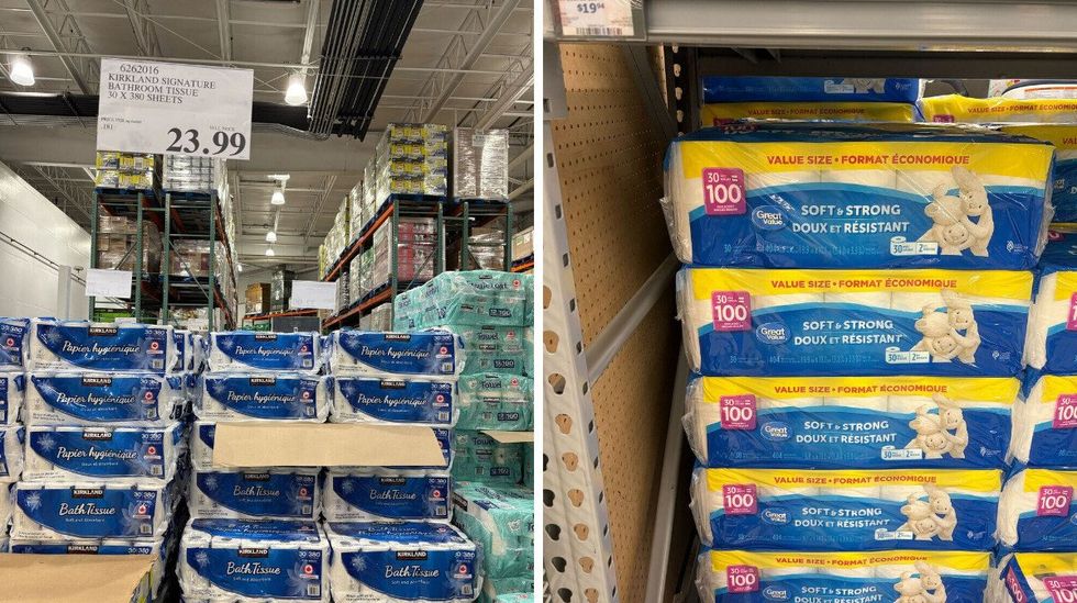 packs of kirkland signature toilet paper. right: packs of great value toilet paper