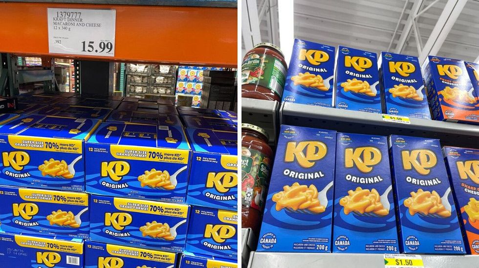 packs of kraft dinner at costco. right: boxes of kraft dinner on shelves at dollarama