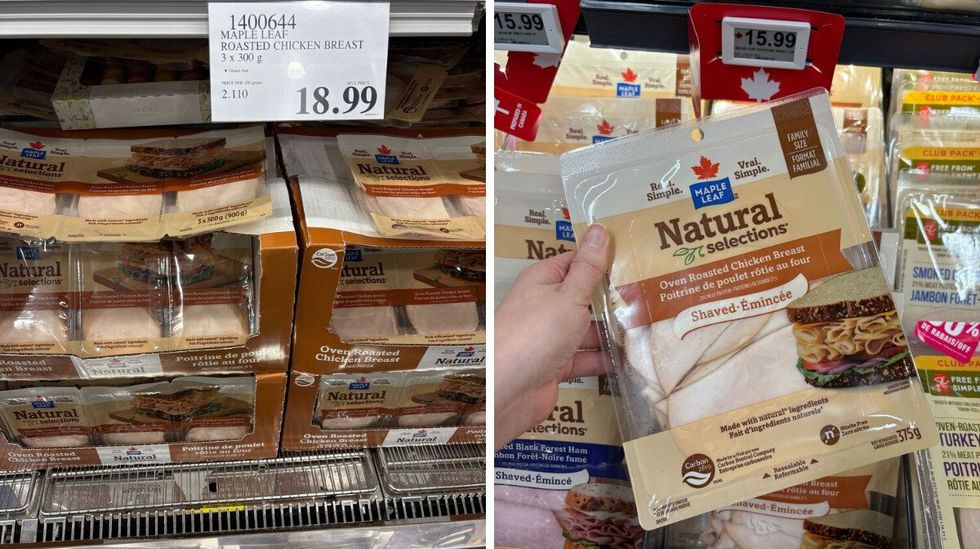 packs of maple leaf sliced oven-roasted chicken breast at costco. right: person holding pack of maple leaf sliced oven-roasted chicken breast at loblaws