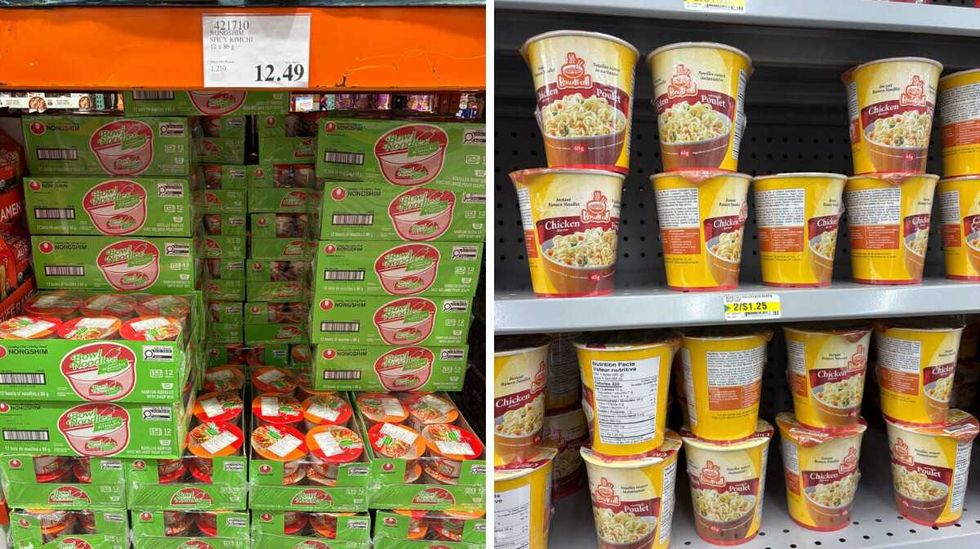 packs of nongshim bowl noodles at costco. right: bowlfull instant noodles on shelves at dollarama