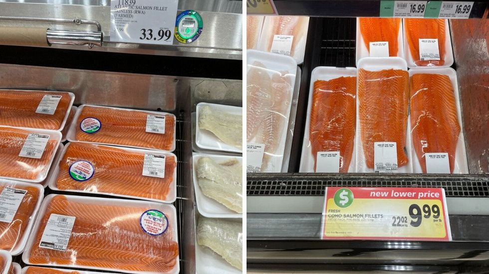 packs of salmon fillets at costco. right: packs of salmon fillets at metro.
