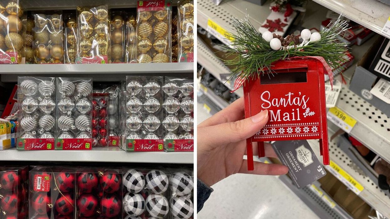 packs of silver, gold, red, black and white ornaments at dollarama. right: santa's mailbox decor product at walmart