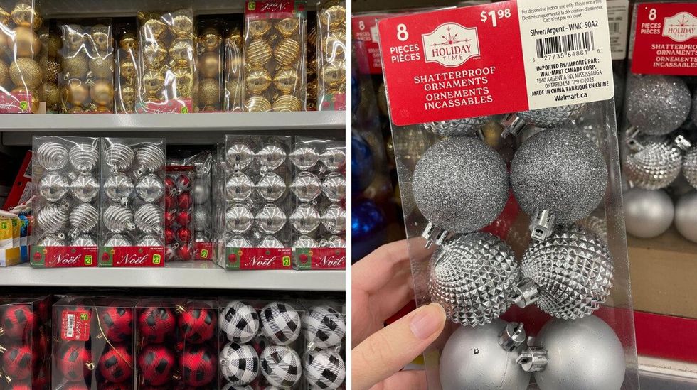 packs of silver, gold, red, white and black ornaments on shelves at dollarama. right: pack of silver ornaments at walmart