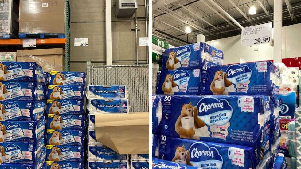 packs of \u200bCharmin toilet paper at Costco. Right: packs of Charmin toilet paper at Costco in 2025.