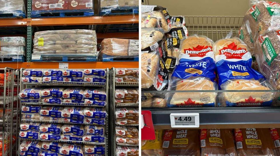 packs of \u200bDempster's sliced bread at Costco. Right: bags of Dempster's sliced bread at Loblaws